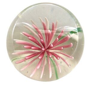 VTG Art Glass Paperweight Pink Water Lily Flower White Green 1980s 2" Round Dome